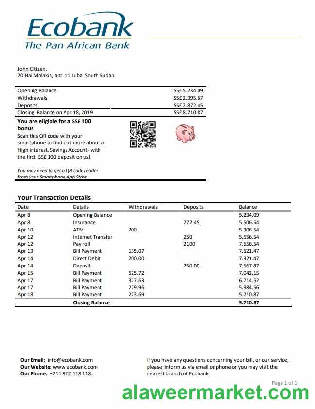 South Sudan Ecobank bank statement